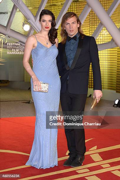 Sarah Barzyk and Christophe Guillarme arrive on the red carpet for the evening tribute to Viggo Mortensen during the 14th Marrakech International...