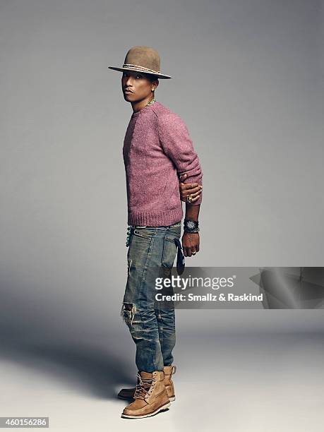 Singer, producer, fashion designer and coach on "The Voice" Pharrell Williams is photographed for Billboard Magazine on September 9, 2014 in Los...