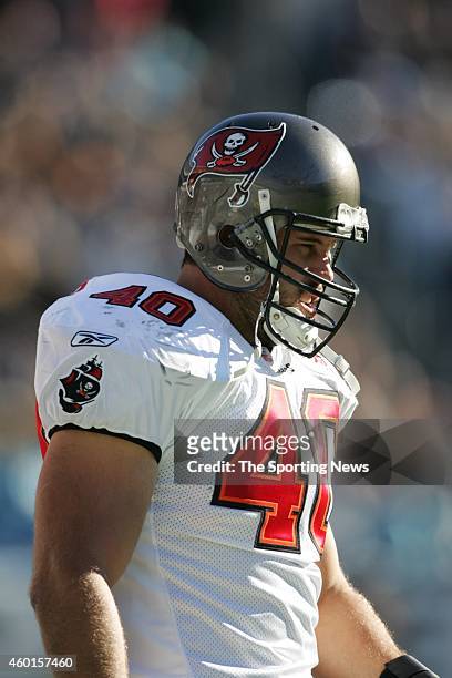 Mike Alstott of the Tampa Bay Buccaneers looks on during a game against the Carolina Panthers on December 11, 2005 at the Bank of America Stadium in...