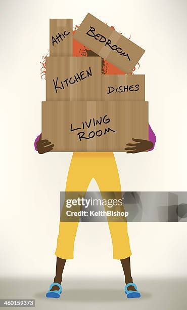 stockillustraties, clipart, cartoons en iconen met moving day - girl with cardboard boxes background, relocation - crate