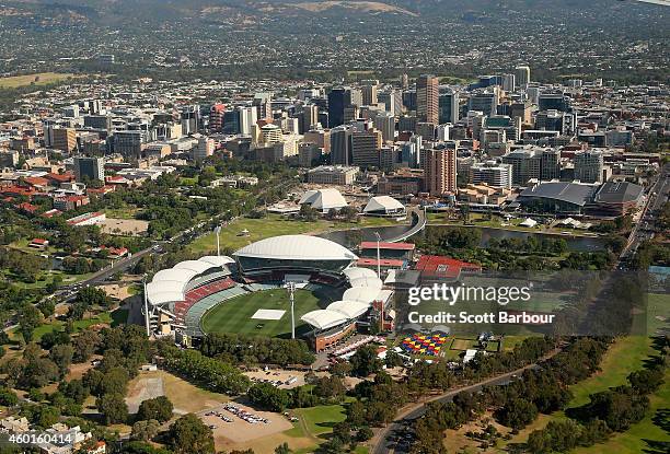 An aerial view of the Adelaide Oval during an Australian nets session at the Adelaide Oval on December 8, 2014 in Adelaide, Australia.