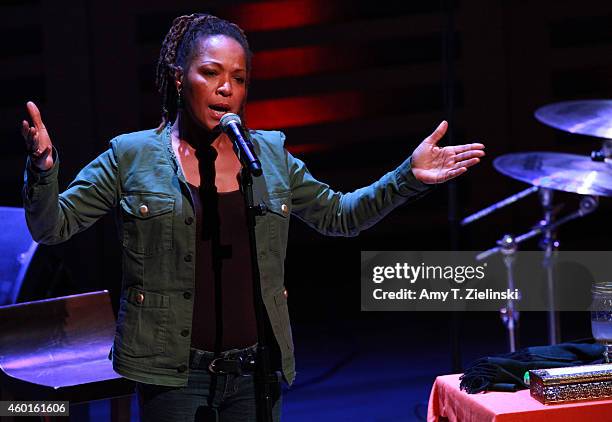 Singer Lisa Simone performs songs from ''All Is Well' during her UK album launch at Kings Place on December 8, 2014 in London, United Kingdom.