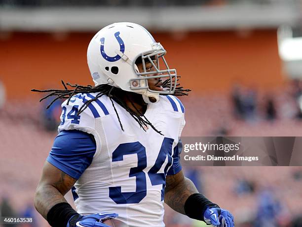 Running back Trent Richardson of the Indianapolis Colts runs onto the field prior to a game against the Cleveland Browns on December 7, 2014 at...