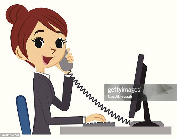 young business-frau am schreibtisch mit telefon und computer - telefonieren büro stock-grafiken, -clipart, -cartoons und -symbole