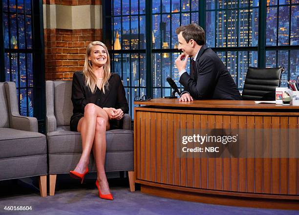 Episode 136 -- Pictured: Actress Eliza Coupe during an interview with host Seth Meyers on December 8, 2014 --