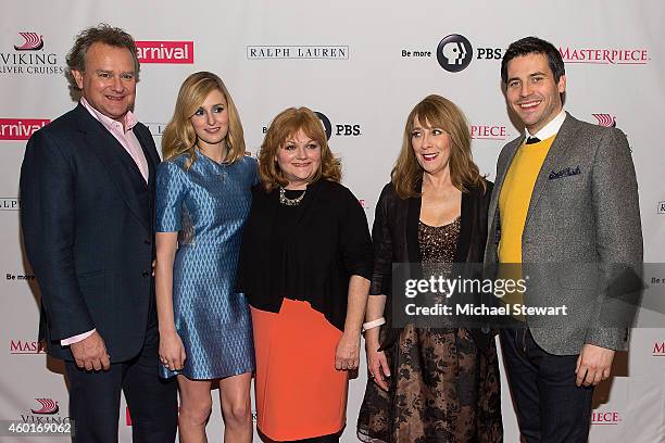 Actors Hugh Bonneville, Laura Carmichael, Lesley Nicol, Phyllis Logan and Robert James-Collier attend 'Downton Abbey' Season Five Cast Photo Call at...