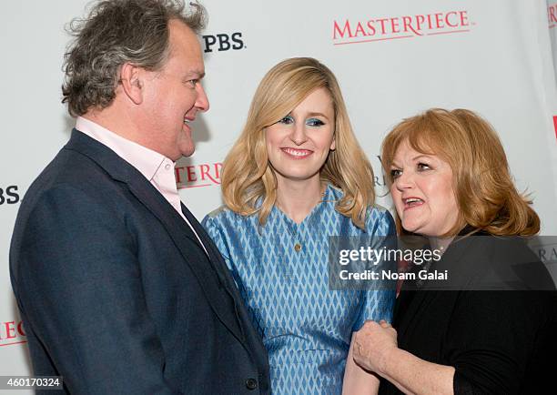 Hugh Bonneville, Laura Carmichael and Lesley Nicol attend the 'Downton Abbey' season five photo call at Millenium Hotel on December 8, 2014 in New...