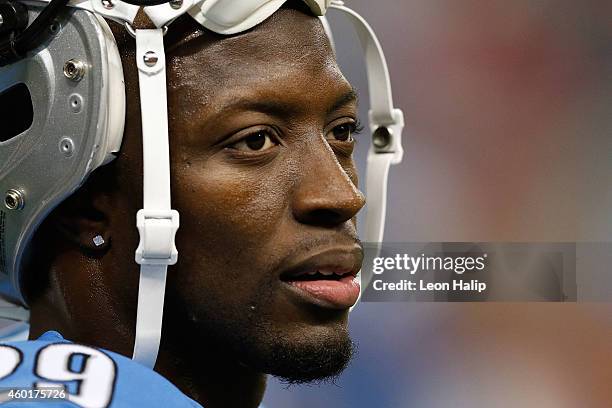 Cassius Vaughn of the Detroit Lions watches the action from the sidelines during the game against the Tampa Bay Buccaneers at Ford Field on December...