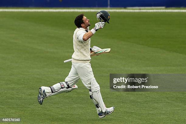 Ed Cowan of Tasmania celebrates after scoring a century during day one of the Sheffield Shield match between Tasmania and South Australia at...