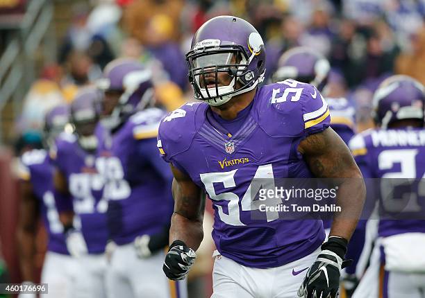 Jasper Brinkley of the Minnesota Vikings runs off the field during an NFL game against the New York Jets at TCF Stadium, on December 7, 2014 in...
