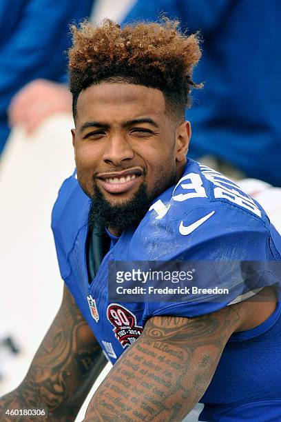 Odell Beckham Jr. #13 of the New York Giants watches from the bench during the second half of a game against the Tennessee Titans at LP Field on...
