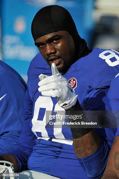 Adrien Robinson of the New York Giants watches from the sideline during the second half of a game against the Tennessee Titans at LP Field on...