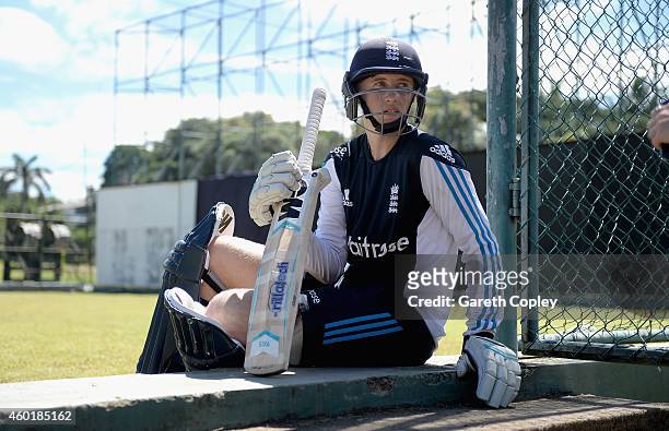 Joe Root of England waits to bat during a nets session at Pallekele International Cricket Stadium on December 9, 2014 in Kandy, Sri Lanka.