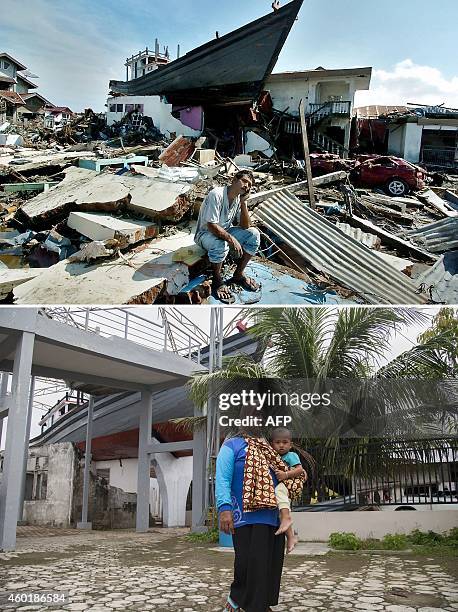 This combo shows a file photo taken on January 15, 2005 of a boat on top of a destroyed house in Banda Aceh, Aceh province, on Indonesia's Sumatra...