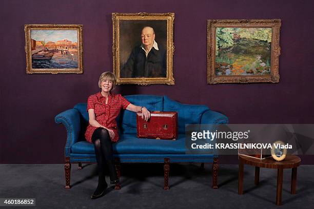 Lady Emma Soames the grand-daughter of Winston Churchill poses to announce the Auction sales of Winston Churchill painting at Sotheby in London, with...