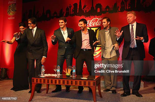 Deepika Padukone, Amitabh Bachchan, Roger Federer, Patrick Rafter, Pete Sampras and Boris Becker at the Coca-Cola gala dinner during the Coca-Cola...