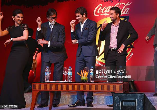 Deepika Padukone, Amitabh Bachchan, Roger Federer and Patrick Rafter at the Coca-Cola gala dinner during the Coca-Cola International Premier Tennis...