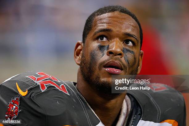 William Gholston of the Tampa Bay Buccaneers warms up prior to the start of the game gainst the Detroit Lions at Ford Field on December 7, 2014 in...