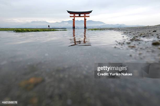 The floating red Torii gate of the Itsukushima Shrine stands in waters on November 25, 2014 in Miyajima island, Hatsukaichi, Hiroshima Prefecture,...