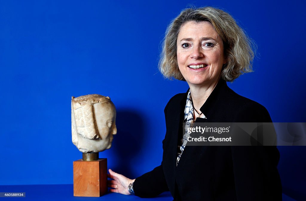 A Marble Head, Thought To Depict Jeanne de Bourbon, Queen of France  Is Displayed At Piasa Auction House in Paris