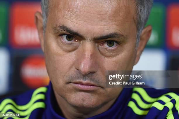 Manager Jose Mourinho of Chelsea talks to the media during a Chelsea press conference, ahead of the UEFA Champions League Group G match, against...