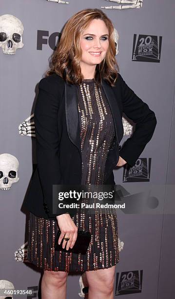 Actress Emily Deschanel arriving at Bones 200th Episode Celebration at Herringbone, Mondrian LA on December 8, 2014 in Beverly Hills, California.