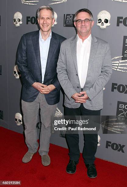 Executive producers Jonathan Collier and Hart Hanson arriving at Bones 200th Episode Celebration at Herringbone, Mondrian LA on December 8, 2014 in...