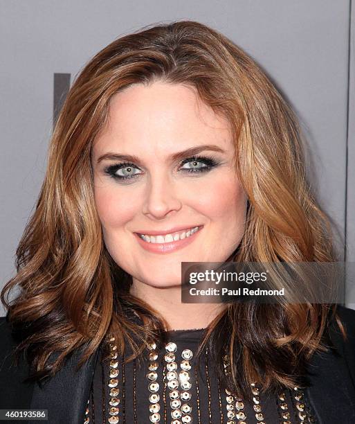 Actress Emily Deschanel arriving at Bones 200th Episode Celebration at Herringbone, Mondrian LA on December 8, 2014 in Beverly Hills, California.