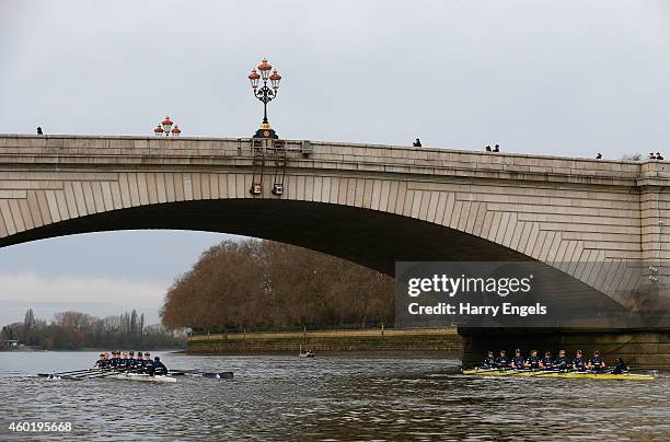 The Oxford boats 'Fantasy' and 'Real Life' prepare for the start at Putney Bridge during the Oxford University Women's Boat Club trial eights race on...
