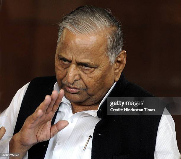 Samajwadi Party president Mulayam Singh Yadav at Parliament House during the Parliament winter session on December 9, 2014 in New Delhi, India....