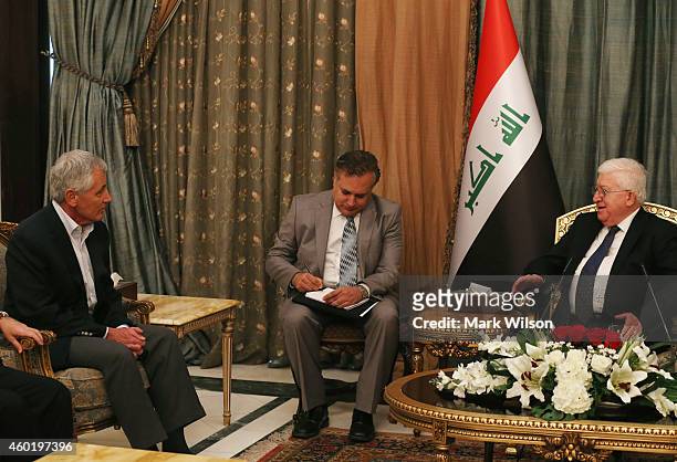 Secretary of Defense Chuck Hagel meets with Iraq President Fuad Masum December 9, 2014 at Baghdad, Iraq. During his visit Secretary Hagel also met...