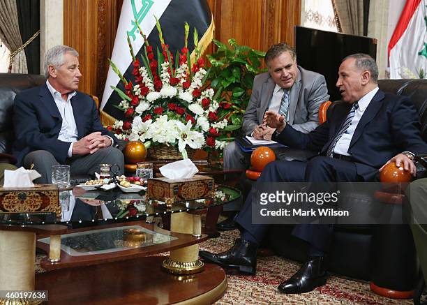 Secretary of Defense Chuck Hagel meets with Iraqi Minister of Defense Khaled al Obeidi December 9, 2014 in Baghdad, Iraq. During his visit Secretary...