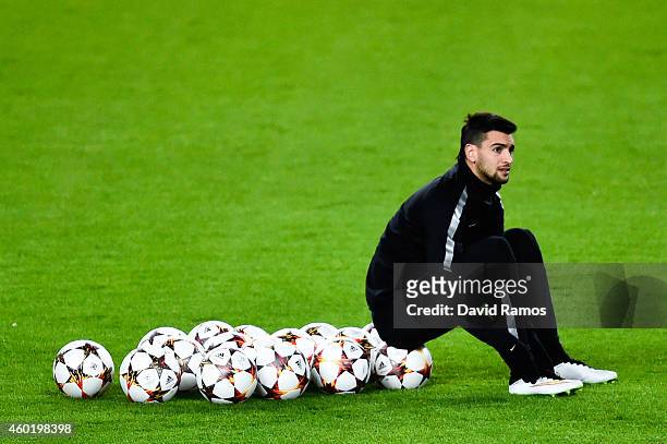 Javier Pastore of Paris Saint-Germain FC looks on during training session ahead of their UEFA Champions League Group F match against FC Barcelona at...
