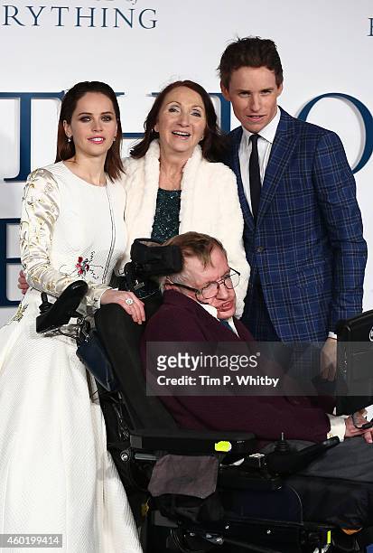 Felicity Jones, Jane Hawking, Professor Stephen Hawking and Eddie Redmayne attend the UK Premiere of "The Theory Of Everything" at Odeon Leicester...