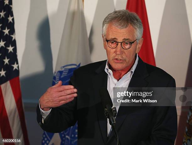 Secretary of Defense Chuck Hagel speaks to the media after meeting with Iraqi officials, December 9, 2014 in Baghdad, Iraq. Earlier in the day...