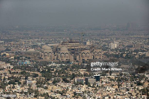 The uncompleted al-Rahman mosque is seen as U.S. Secretary of Defense Chuck Hagel's helicopter flies over the city December 9, 2014 in Baghdad, Iraq....