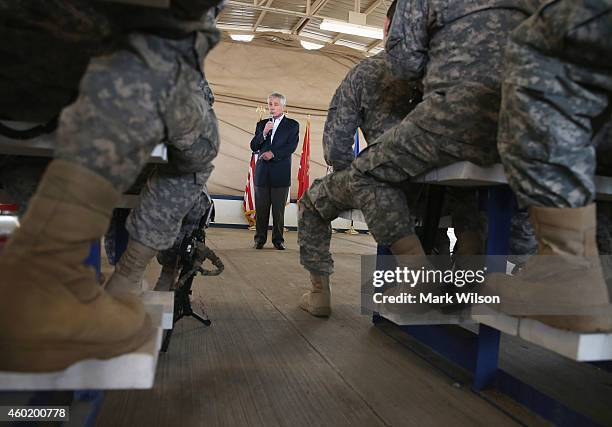 Secretary of Defense Chuck Hagel speaks to troops stationed at Baghdad International Airport, December 9, 2014 in Baghdad, Iraq. Secretary Hagel...