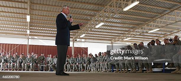 Secretary of Defense Chuck Hagel speaks to troops stationed at Baghdad International Airport, December 9, 2014 in Baghdad, Iraq. Secretary Hagel...