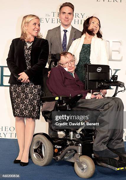 Lucy Hawking, a guest, Jane Hawking and Stephen Hawking attend the UK Premiere of "The Theory Of Everything" at Odeon Leicester Square on December 9,...