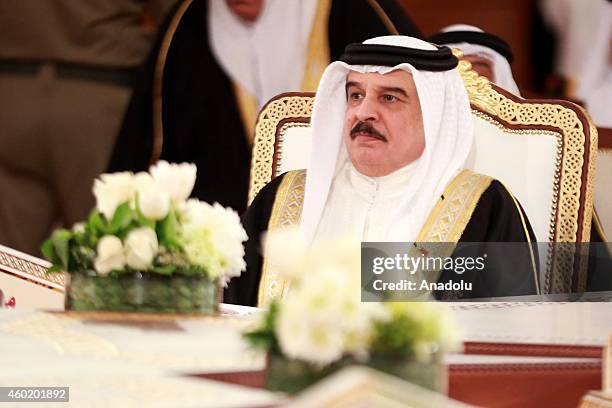 King of Bahrain, Hamad bin Isa Al Khalifa attends to the 35th session of the Supreme Council of the Gulf Cooperation Council leaders in Doha, Qatar,...