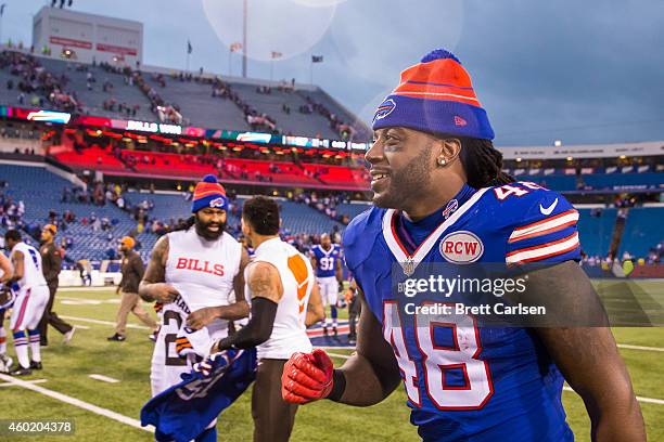 MarQueis Gray of the Buffalo Bills leaves the field after the game against the Cleveland Browns on November 30, 2014 at Ralph Wilson Stadium in...