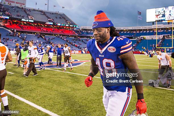 MarQueis Gray of the Buffalo Bills leaves the field after the game against the Cleveland Browns on November 30, 2014 at Ralph Wilson Stadium in...