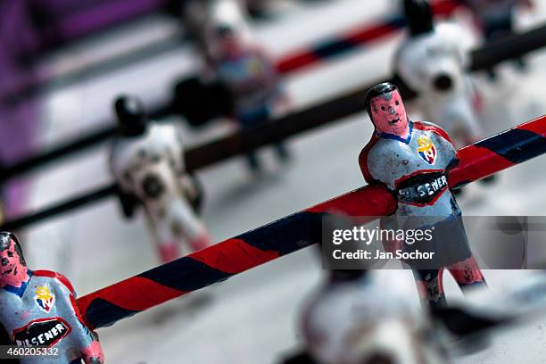 Table football player figure, with a painted light blue shirt, is seen inside the table football box on the street of Pesillo, a small village in the...