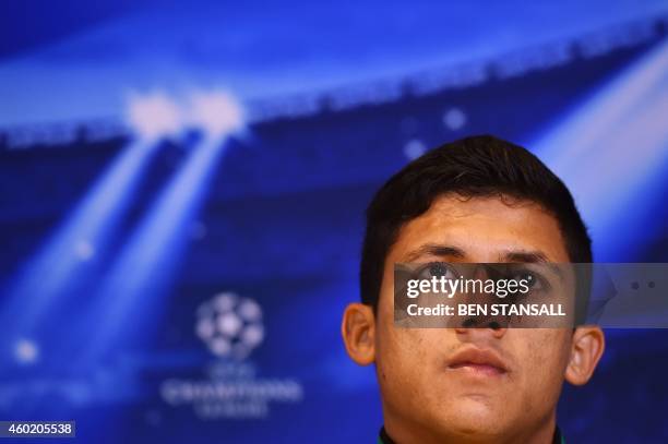 Sporting Clube de Portugal's Colombian forward Freddy Montero attends a press conference at Stamford Bridge, in south London on December 9 ahead of...