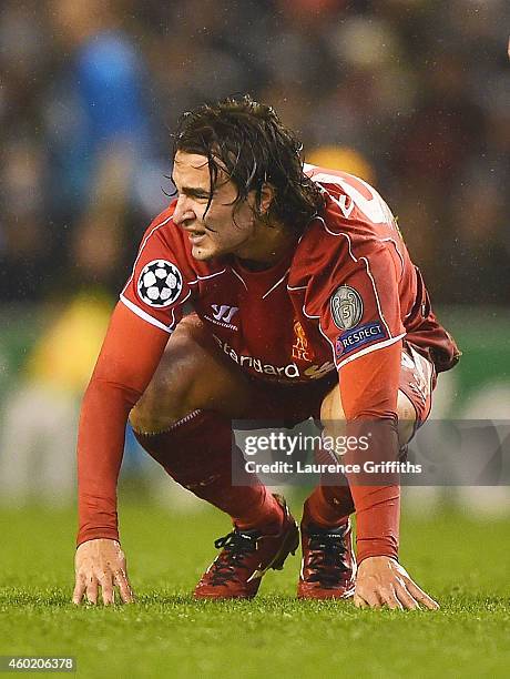 Lazar Markovic of Liverpool reacts as he is shown the red card during the UEFA Champions League group B match between Liverpool and FC Basel 1893 at...