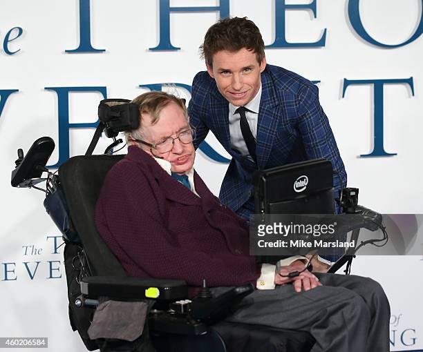 Professor Stephen Hawking and Eddie Redmayne attend the UK Premiere of "The Theory Of Everything" at Odeon Leicester Square on December 9, 2014 in...