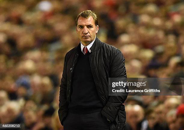 Brendan Rodgers the manager of Liverpool reacts during the UEFA Champions League group B match between Liverpool and FC Basel 1893 at Anfield on...