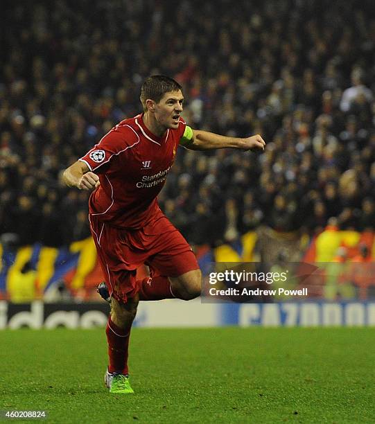 Steven Gerrard of Liverpool celebrates his goal during the UEFA Champions League match between Liverpool FC and FC Basel 1893 on December 9, 2014 in...