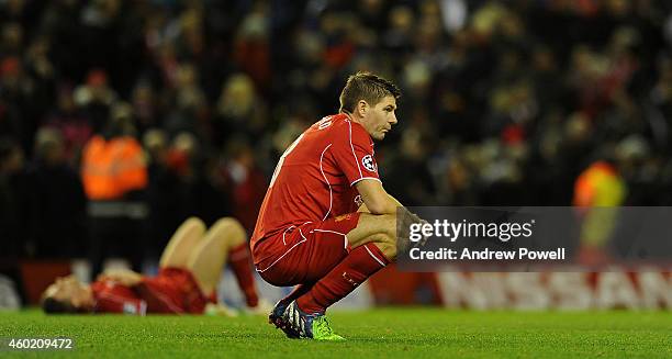 Steven Gerrard of Liverpool looks dejected at the end of the UEFA Champions League match between Liverpool FC and FC Basel 1893 on December 9, 2014...
