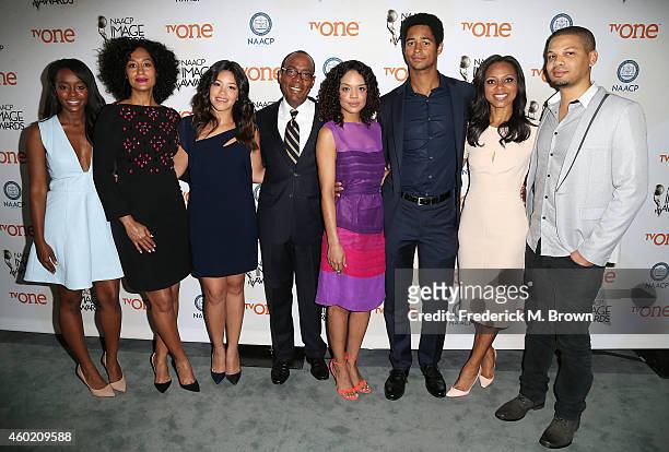 Actresses Aja Naomi King, Tracee Ellis Ross, and executive Cornell William Brooks, actress Tessa Thompson, actor Alfred Enoch, Nischelle Turner, and...